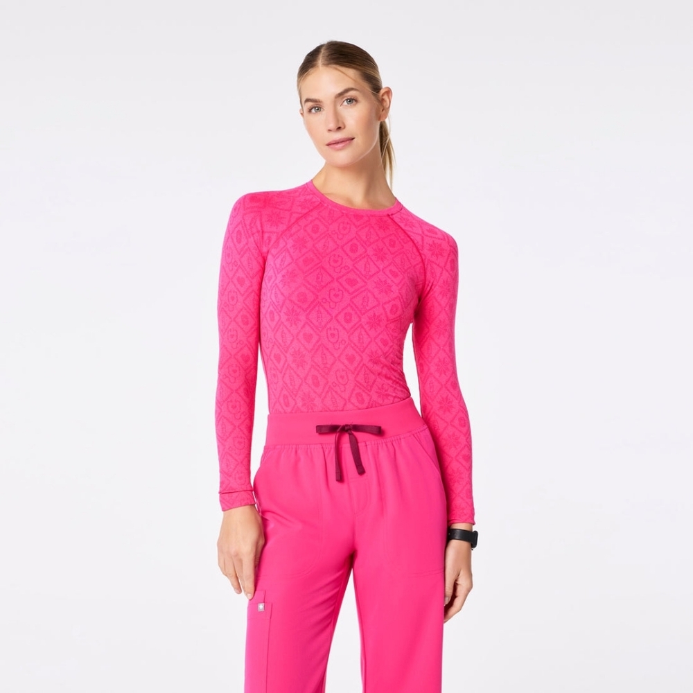 FIGS Holiday Salta Seamless Long sleeve Scrub Top Shocking Pink